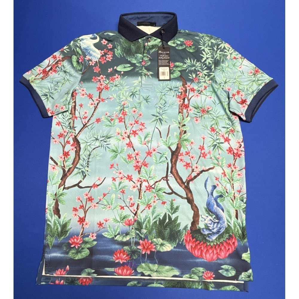Greyson Shirt Mens Medium Blue Floral Magic Garden Polo Fiddle Short Sleeves